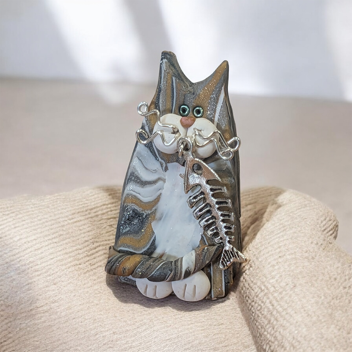 Tabby and White Fat Cat with Fish Pin