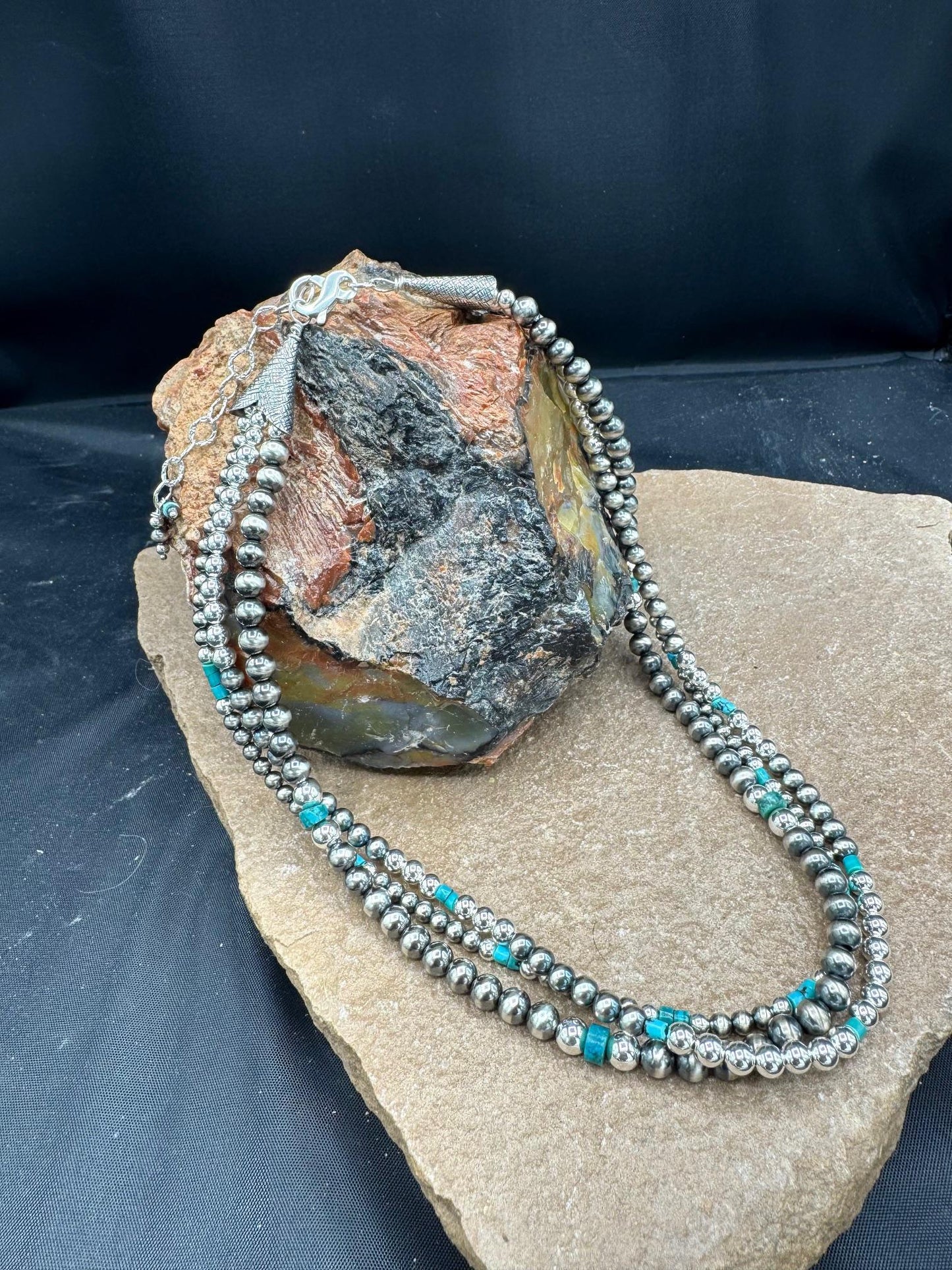 5144 Triple Strand SS Navajo Pearl Turquoise Necklace