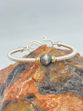 Wrapped sterling silver bracelet with 10mm oxidized sterling silver focal bead. 4079