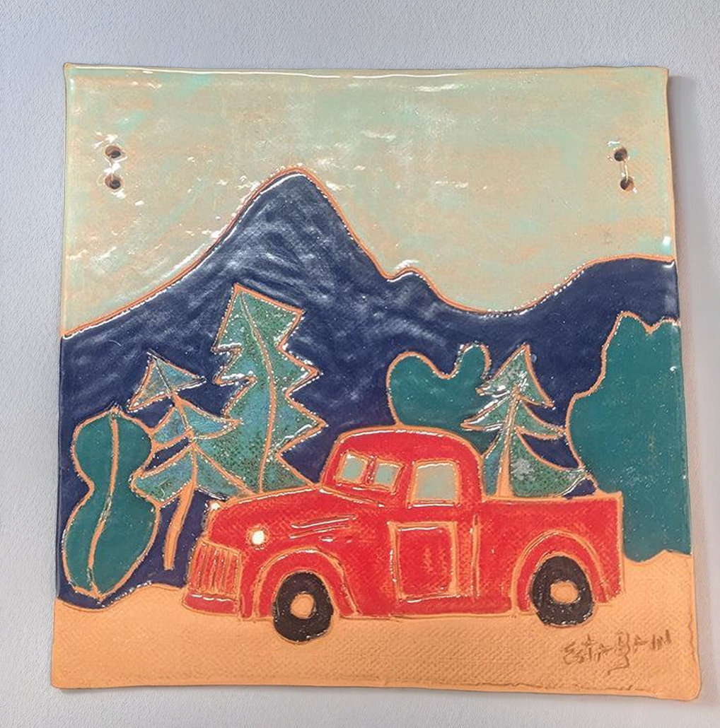 Plaque red truck & mountains