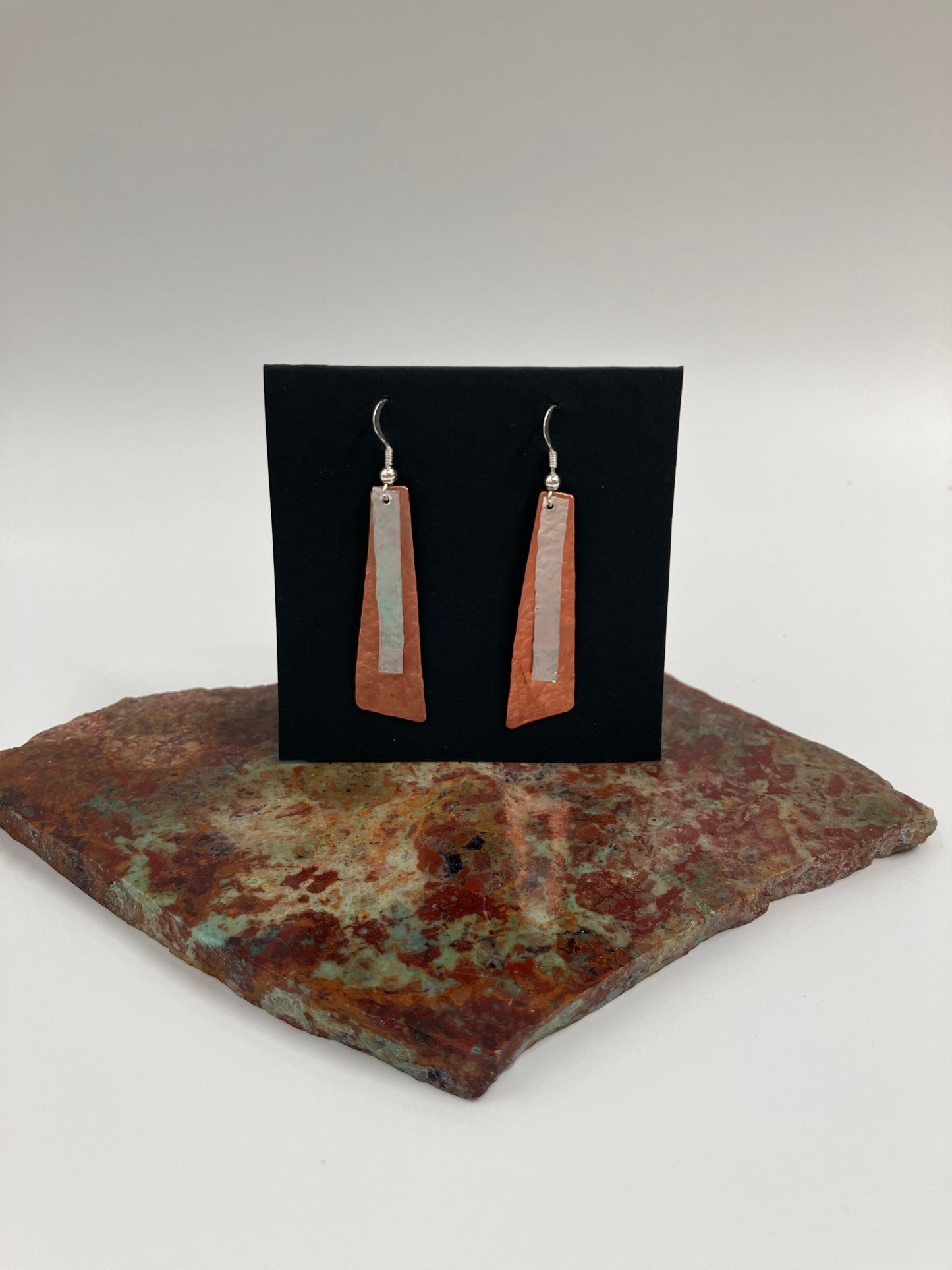Hammered Copper and Silver Oblong Earrings