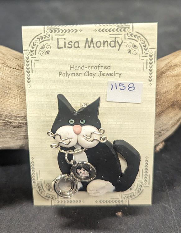 Black & White cat w locket Pin 1158
