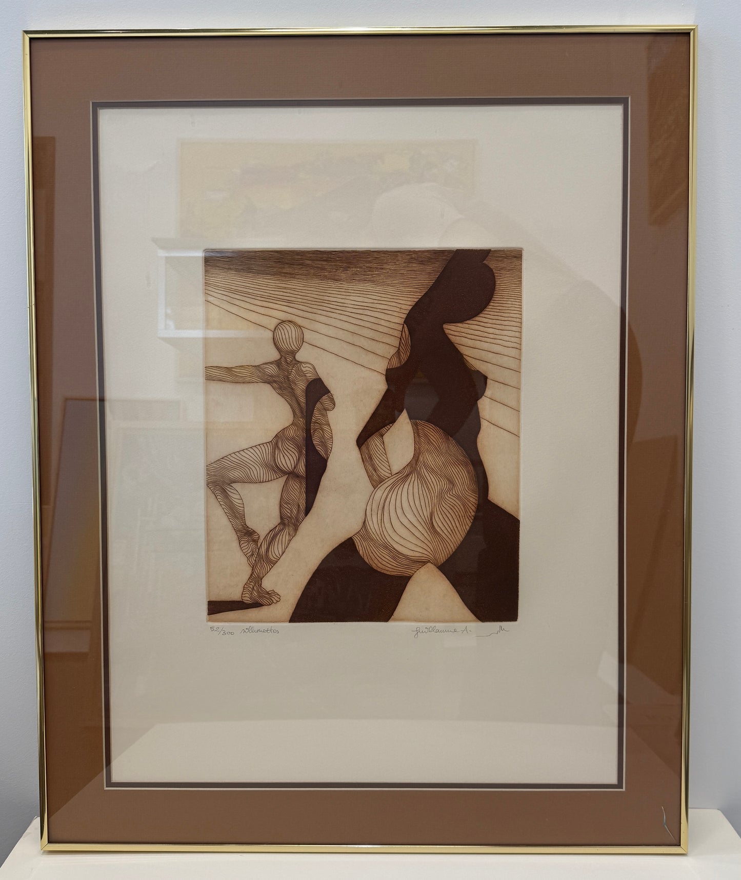 Framed Art piece titled "Sillouettes," featuring three humanoid figures with swirling line patterns, dynamic poses, and intersecting lines in shades of brown and beige; framed dimensions are 24.5x30.5.