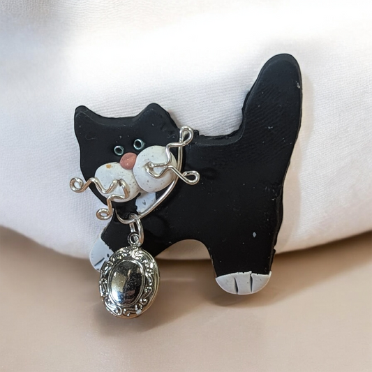 Black and White Kitten with Locket Pin