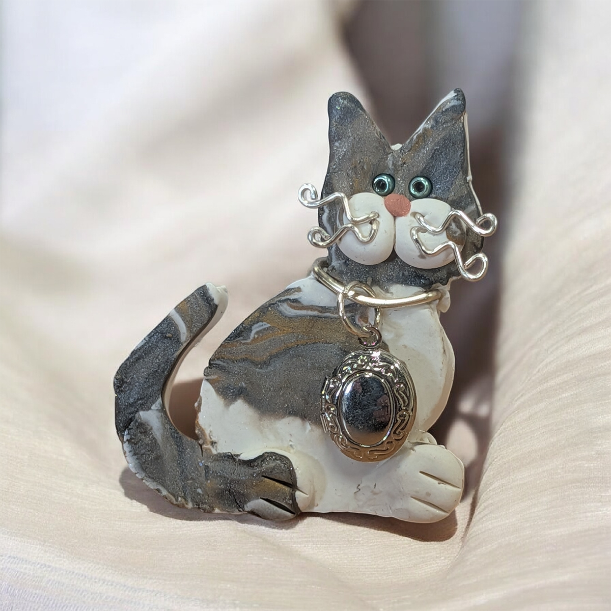 Tabby and White Cat with Locket Pin