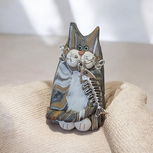 Tabby and White Fat Cat with Fish Pin