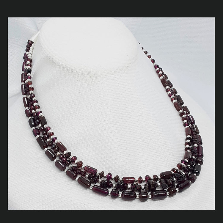 160 Garnet & Sterling Silver Triple Graduated Strand Necklace