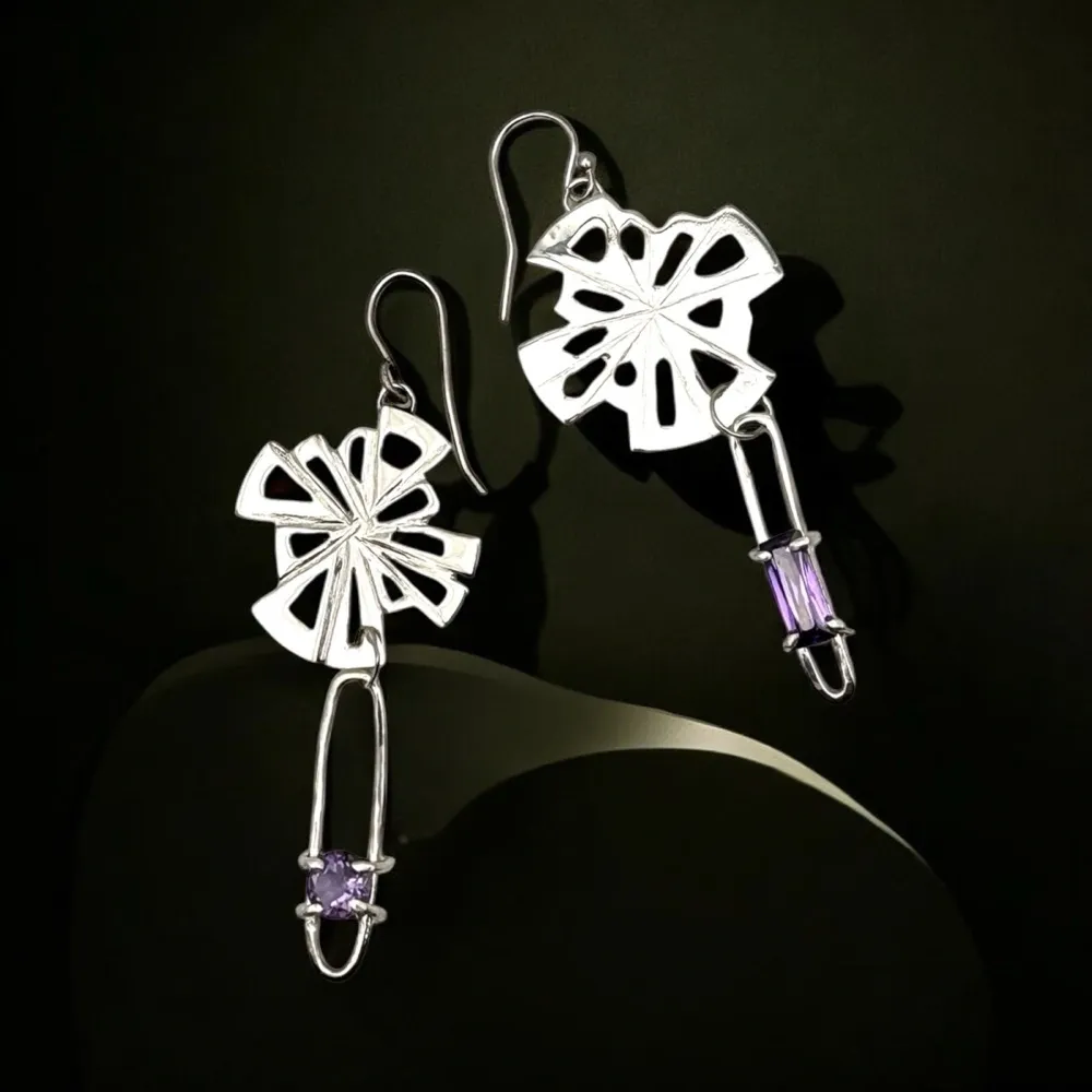 Silver Bloom with Asymmetrical Violet Gleam Earrings
