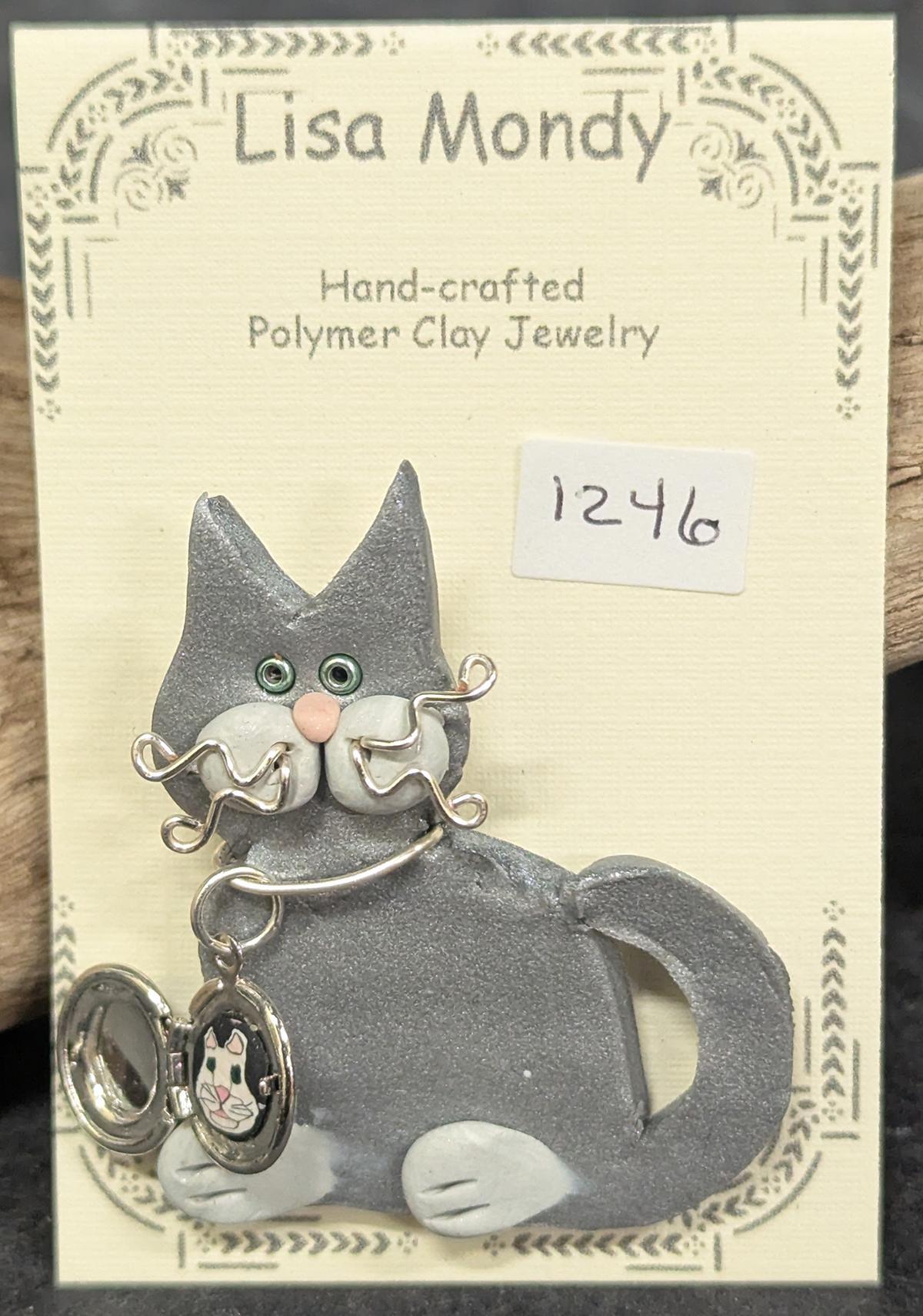 1246 Gray cat with locket Pin