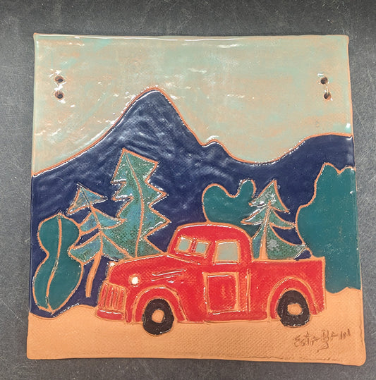 56 Plaque red truck & mountains