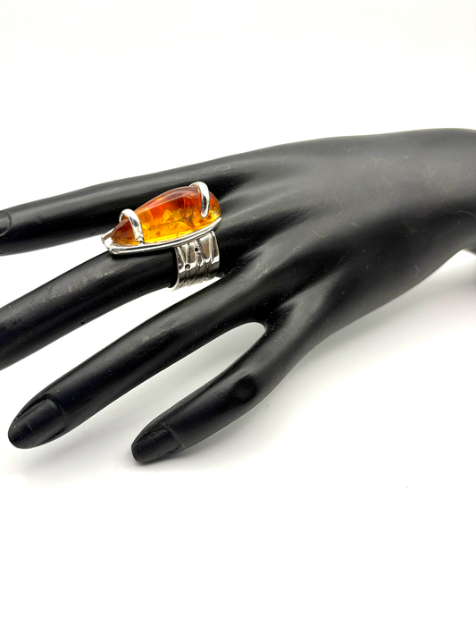 67 Amber Textured Sterling Silver Platinum Ring