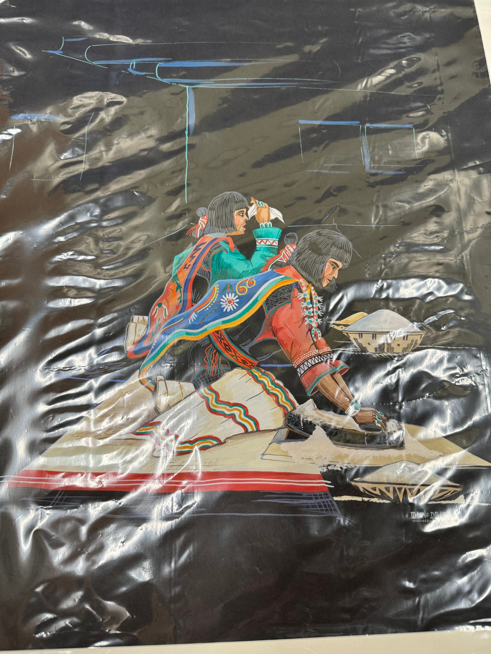 This image features a vibrant and detailed artwork depicting a scene with Native American figure participating in a corn processing activity.