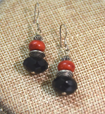 Necklace and earrings- faceted onyx rondels, apple coral rondels, silver gemstone pendant w/ apple coral and pearl 7669