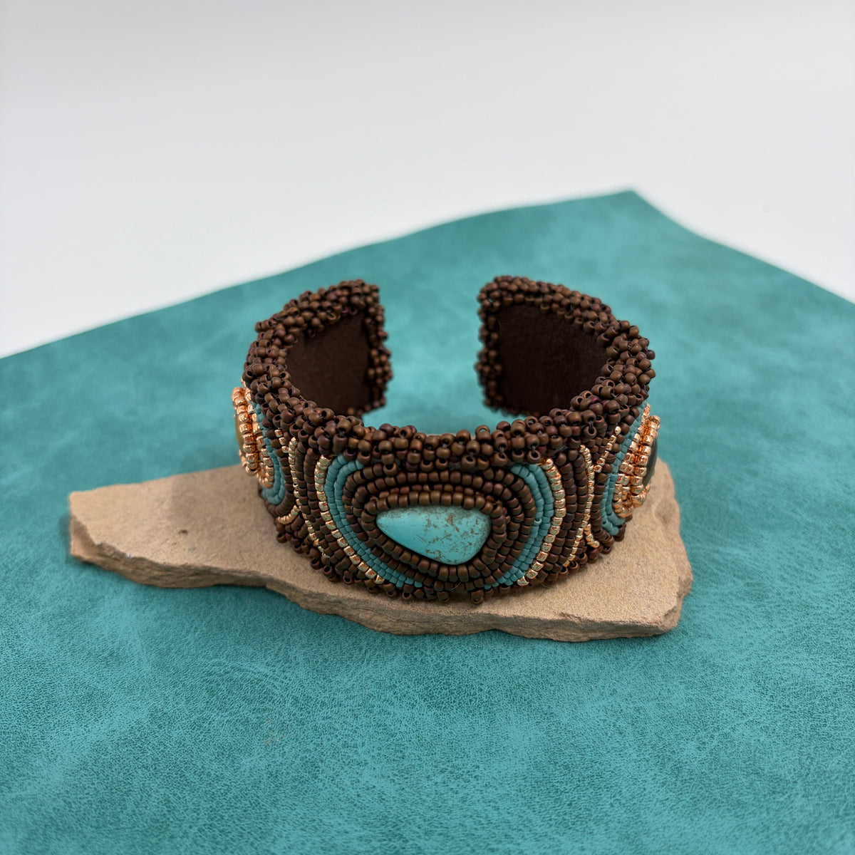 Turquoise and  Tiger's Eye Beaded Embroidery Cuff