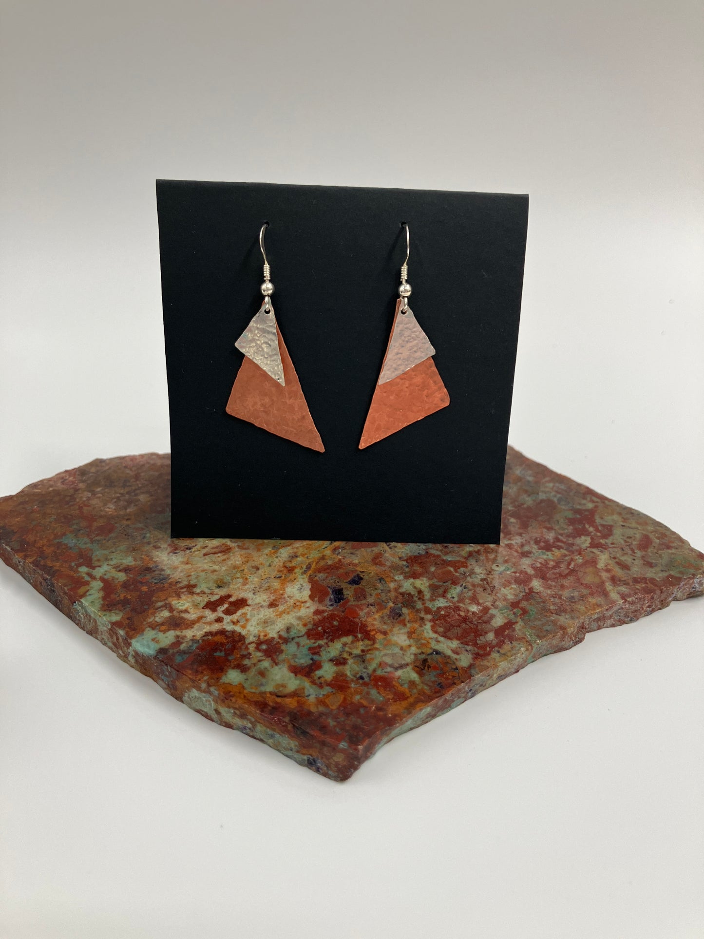 Silver and Copper Hammered Triangle Earrings