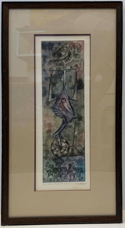 Housed in a 13x24 frame, "El Biciclista prodigioso A/13" is an abstract artwork depicting a tall, geometric bird-like figure with a triangular body, subtle details below, and a muted palette of blues, greens, and browns. Ideal as wall decor, this piece appears to be a print or etching.