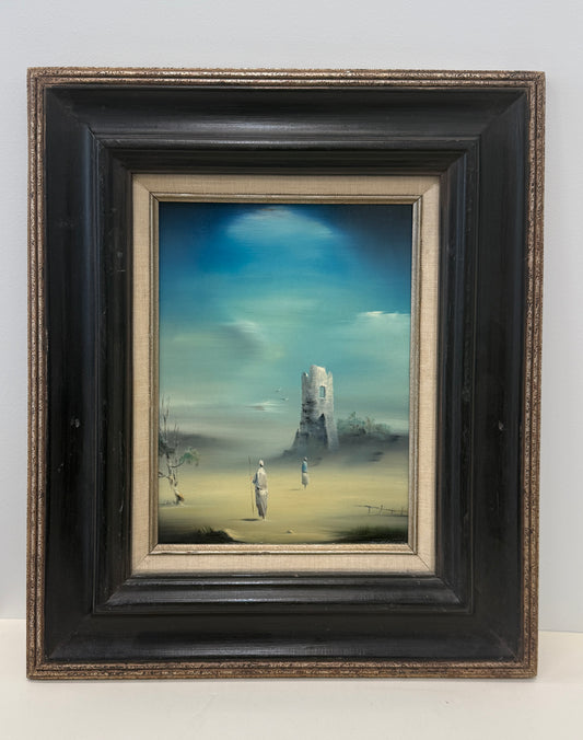 Prophets Return: Framed painting depicting two figures in white robes standing by a ruined tower amid a misty, desolate landscape beneath a blue sky; framed dimensions are 17x20 inches.
