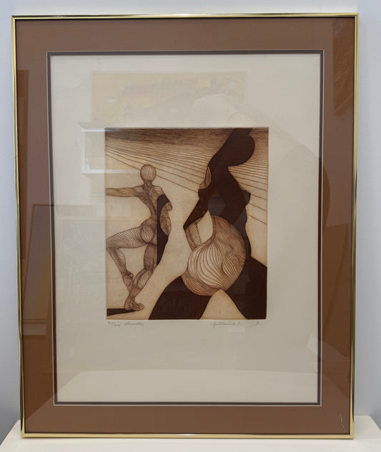 Framed Art piece titled "Sillouettes," featuring three humanoid figures with swirling line patterns, dynamic poses, and intersecting lines in shades of brown and beige; framed dimensions are 24.5x30.5.