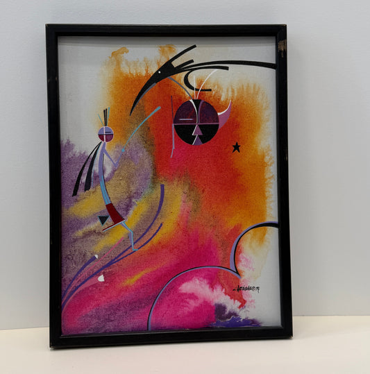 Sky Spirits is a framed abstract painting with vibrant orange, pink, and purple hues, featuring geometric shapes, a stylized human figure, a sun-like circle, and a small star on a white background. The framed dimensions are 12.5x16.5 inches.