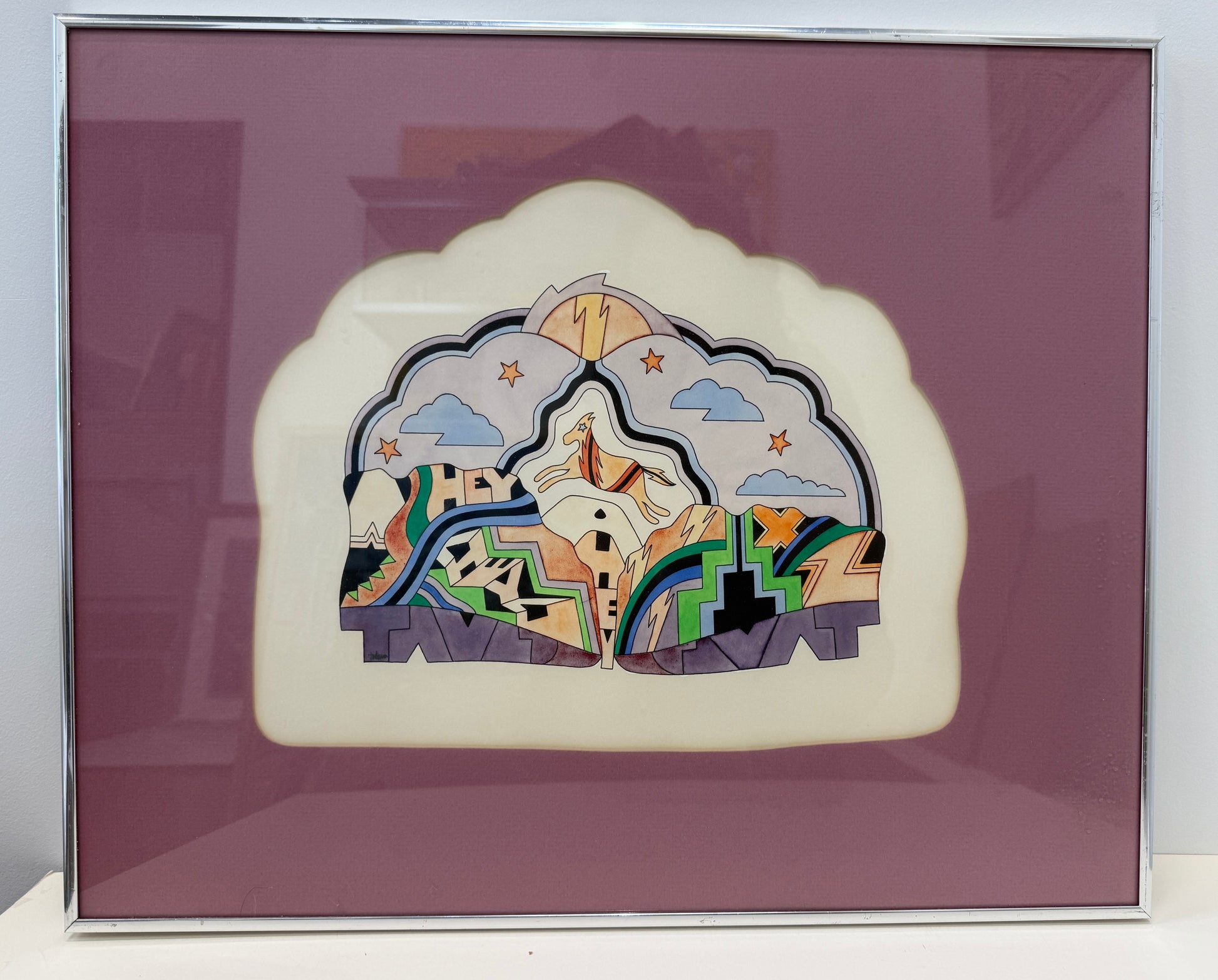 Spirit Poney of the Canyon 5/25 features colorful geometric shapes, clouds, stars, and a lightning bolt brought to life against a mauve mat and white background. With framed dimensions of 22x18 inches, this artwork makes a striking abstract statement piece for any space.