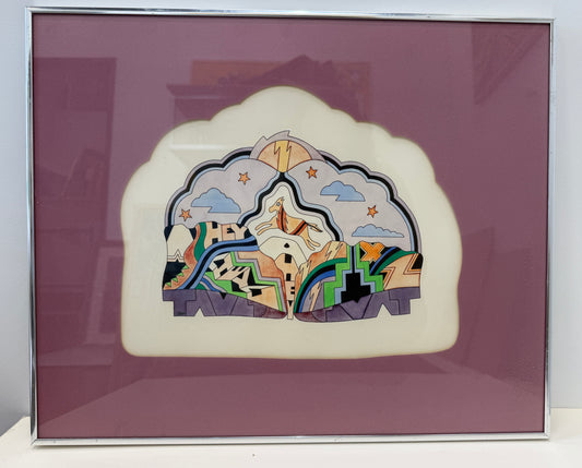 Spirit Poney of the Canyon 5/25 features colorful geometric shapes, clouds, stars, and a lightning bolt brought to life against a mauve mat and white background. With framed dimensions of 22x18 inches, this artwork makes a striking abstract statement piece for any space.