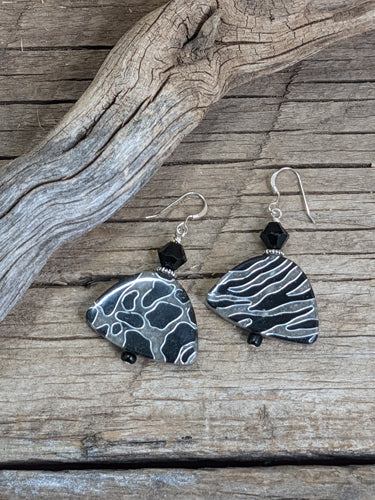 Recycled sawdust, black/gray animal print Earrings 8975