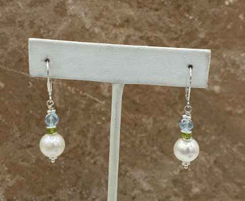 Blue Topaz, Peridot & Pearl Dangle Earrings 3067