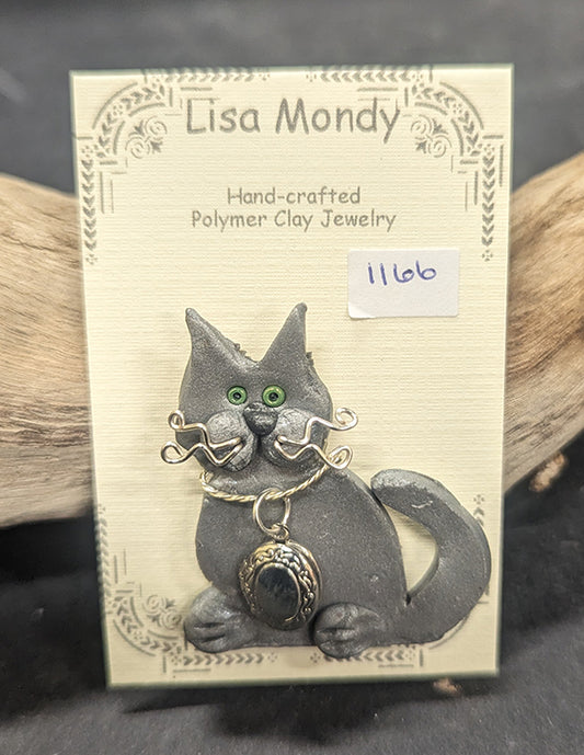 Gray cat w locket pin 1166