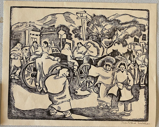 Woodcut print of a historical scene with people and a wheel, displayed on a light gray wall.