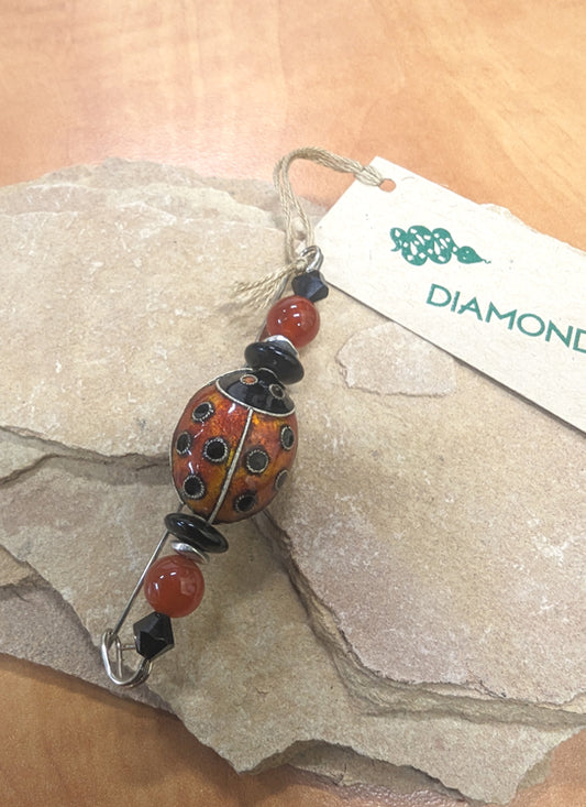 Cloisonné lady bug, carnelian, Czech glass Pin 5758