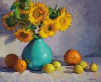 Turquoise Vase with Sunflowers and Citrus by Sarah Blumenschein