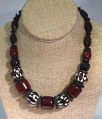 Necklace-African bone batik beads, red copa beads, coco discs by Judy Jaeger