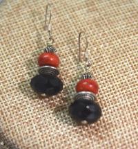 Necklace and earrings- faceted onyx rondels, apple coral rondels, silver gemstone pendant w/ apple coral and pearl by Judy Jaeger