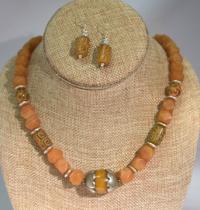 Necklace and earrings- Afghan tan caceted cubes, Tibet copal bead w/ silver caps by Judy Jaeger