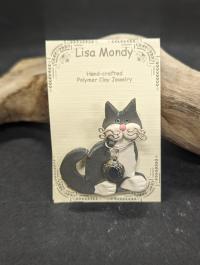 Gray and white Cat with locket Pin by Lisa Mondy