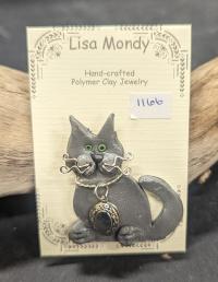 Gray cat w locket pin by Lisa Mondy