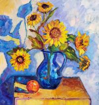 Sunflowers in Blue Vase by Ronnie Finch DiCappo