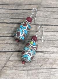 Earrings- Tibet tubes, silver/TQ/red coral by Judy Jaeger